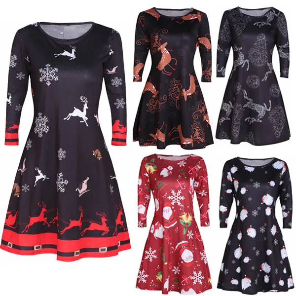 

Ebay Amazon wish snow animal deer print floral dress women dresses plus size winter 2019 spring long sleeve Christmas dresses, As pictures