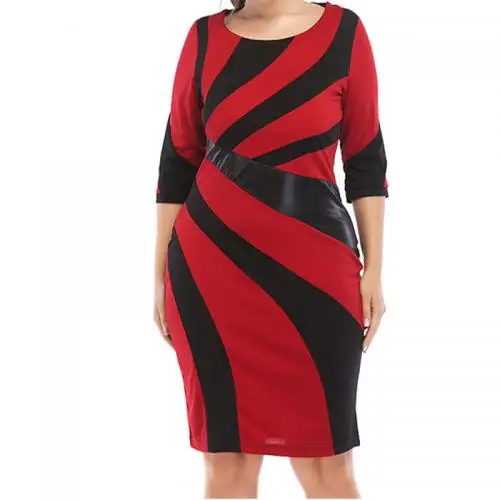 

251172 wholesale spandex contrast color slimming plain weave striped fashion long sleeve 6xl fat size women party dress