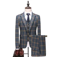 

Blue and Golden Men Suit Three Pieces Plaid Wedding Suit