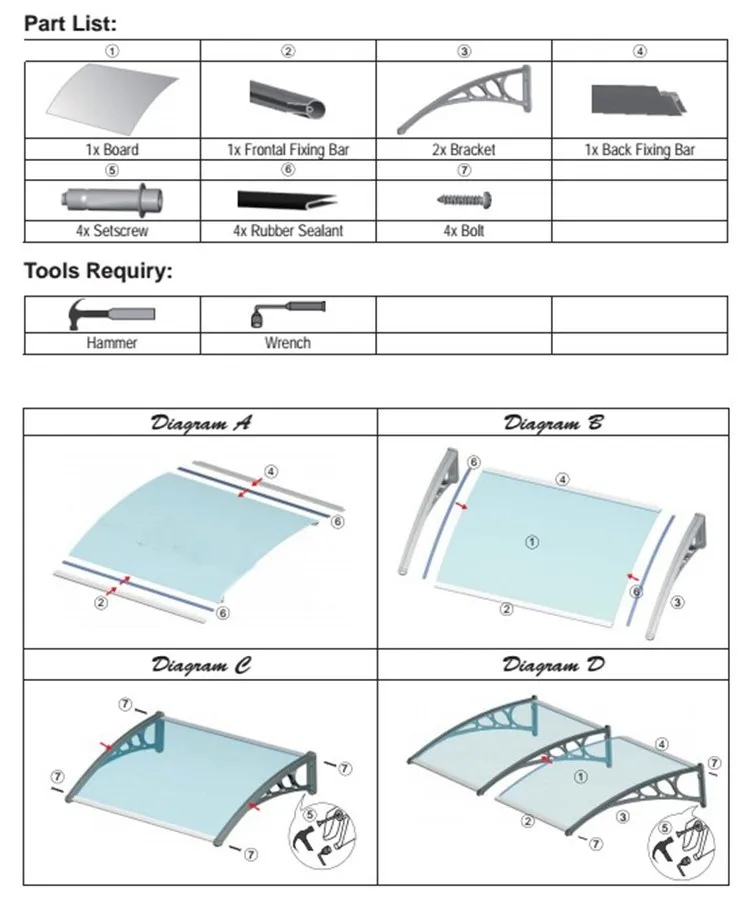 Polycarbonate Awning roof Canopy DIY Awning Door Aanopy Window Awning Canopy