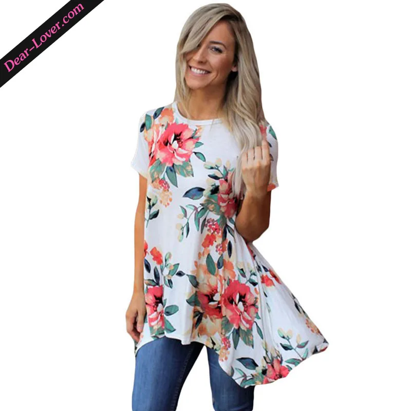 

O-Neck Floral Printed Short Sleeve Tunic Blouses Women's Tops, As shown