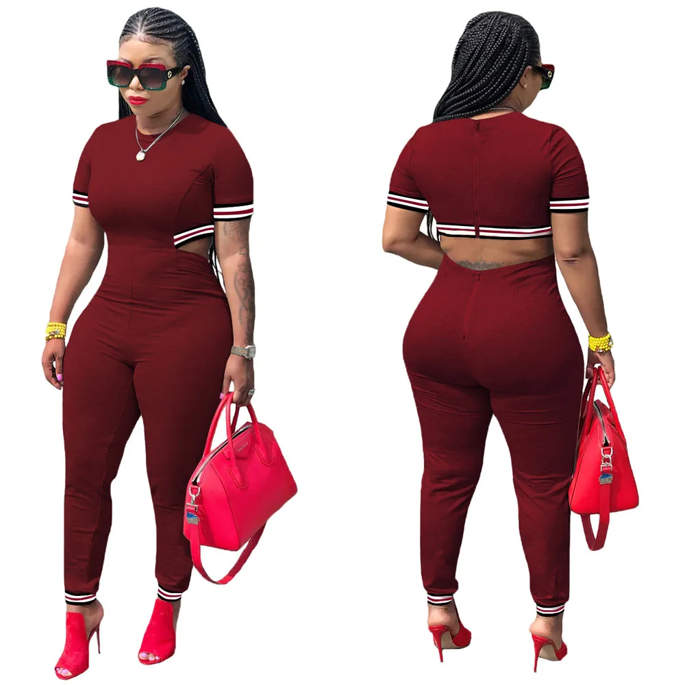 Short Sleeve Back Zipper Sport Women Slim Fit Jumpsuit 2018