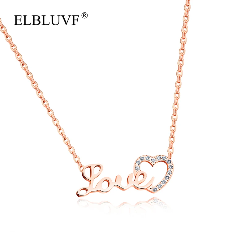 

ELBLUVF Free Shipping Stainless Steel Fashion Zircon Jewelry Love Heart Shape Pendant Necklace, Steel color , rose gold