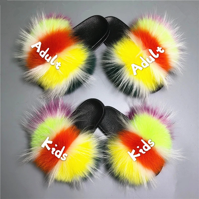 

Stable Quality Fox Fur Soft Sandals Custom Children Slippers Natural Color Wholesale Kids Fur Slides, Picture