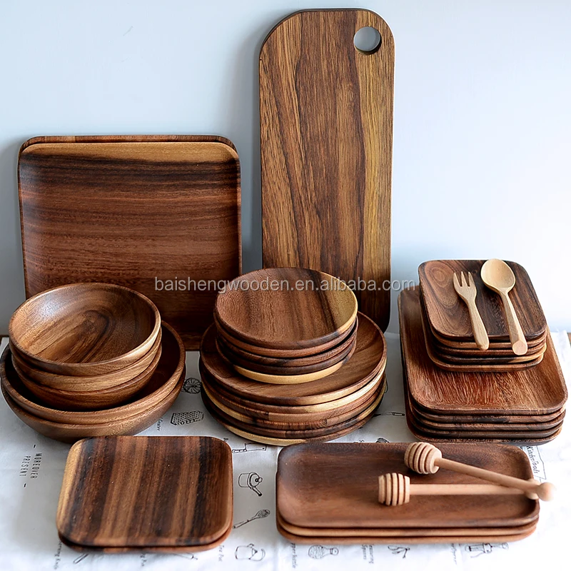 

New design acacia wood dinner set unfinished wooden food serving tray for tea bread salad, Natural wood color