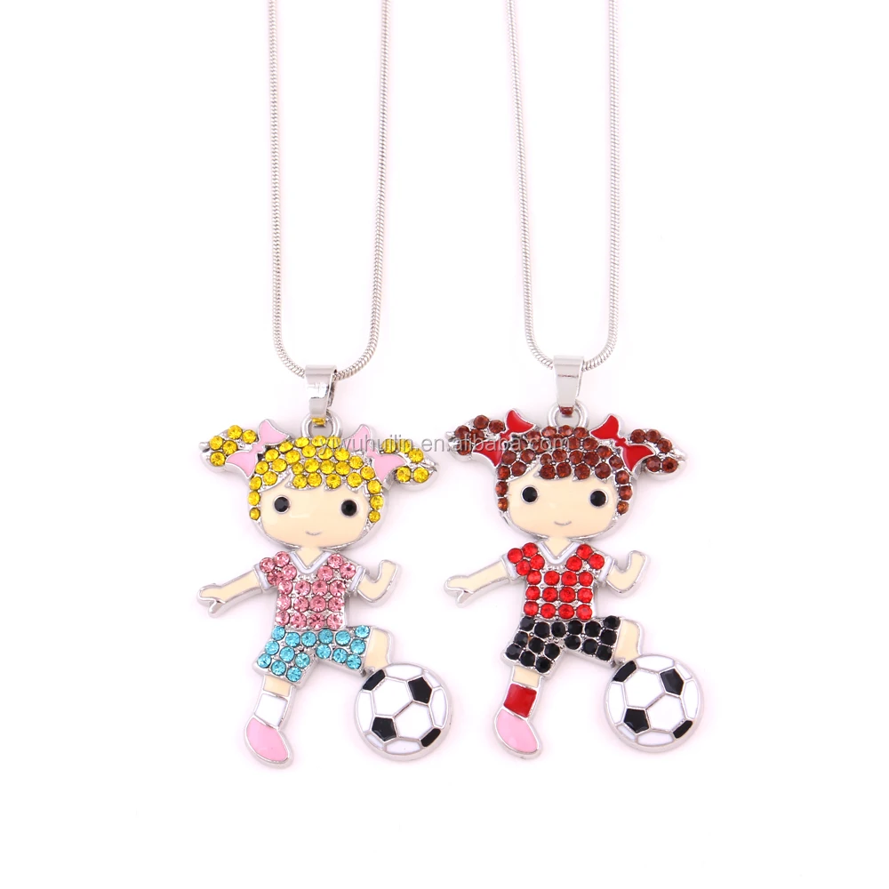 

Fashion Young Girl Necklaces Favour Colorful crystal the girl play football Spaorts Jewellery Necklaces