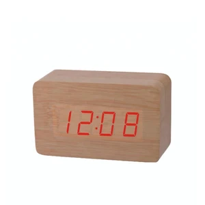 Image of Voice control USB charge wood grain hand led digital alarm clock table wooden clock cube