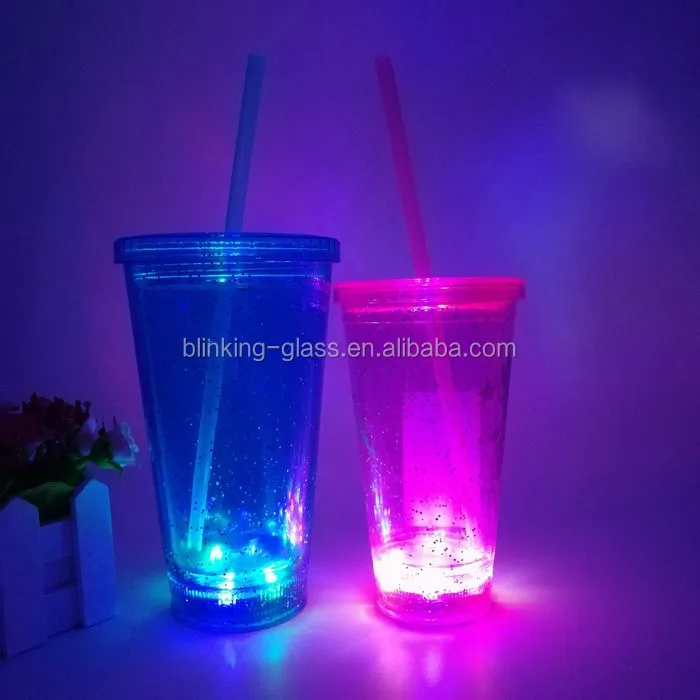 

12oz light up Double Wall Glitter plastic tumbler with lid and straw, Clear