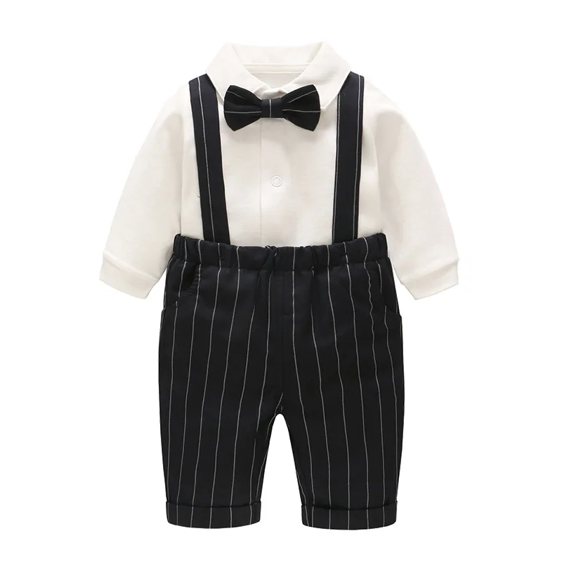 

2018 Spring and Autumn Baby Clothes New White Shirt Striped Bib Two-piece Gentleman Baby Climbing Suit, Gray boys outfits