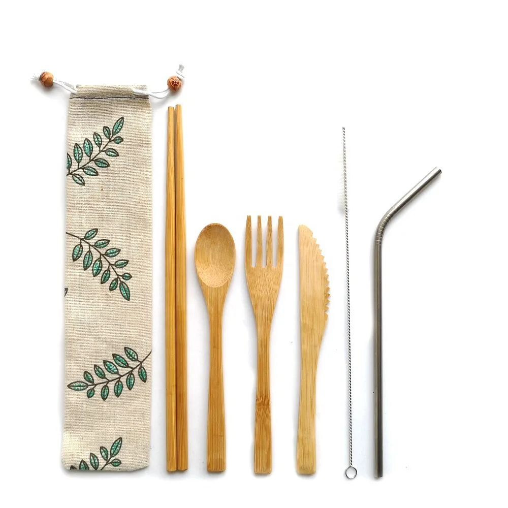 

Portable bamboo travel cutlery set with stainless straw--reusable bamboo flatware set for kids and adults, Natural and metal