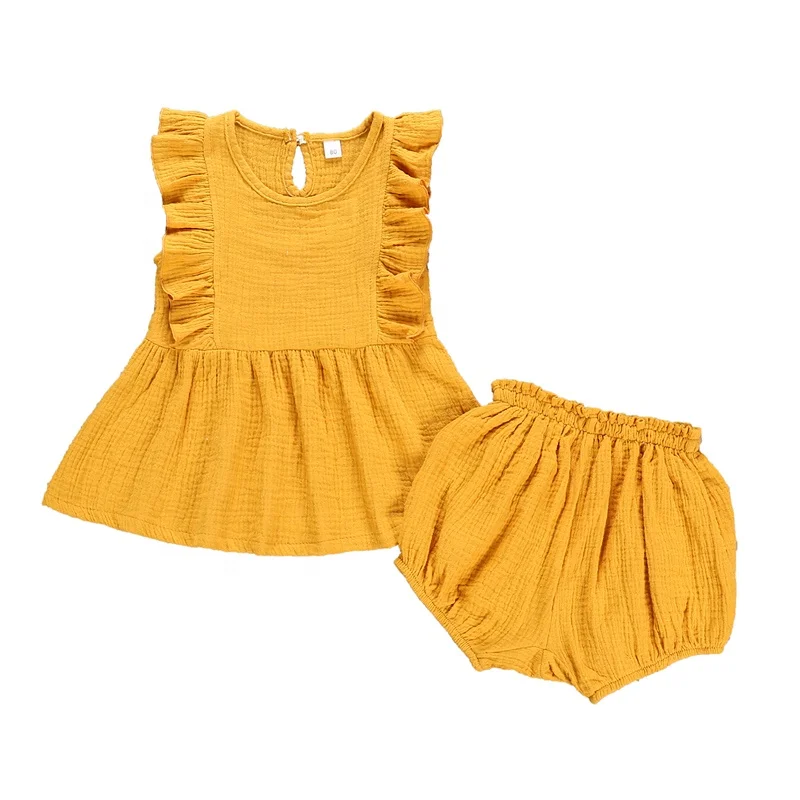 

High Quality Wholesale Solid Short Sleeve Flounce Dress with short two pieces for child, Red, blue,yellow, white