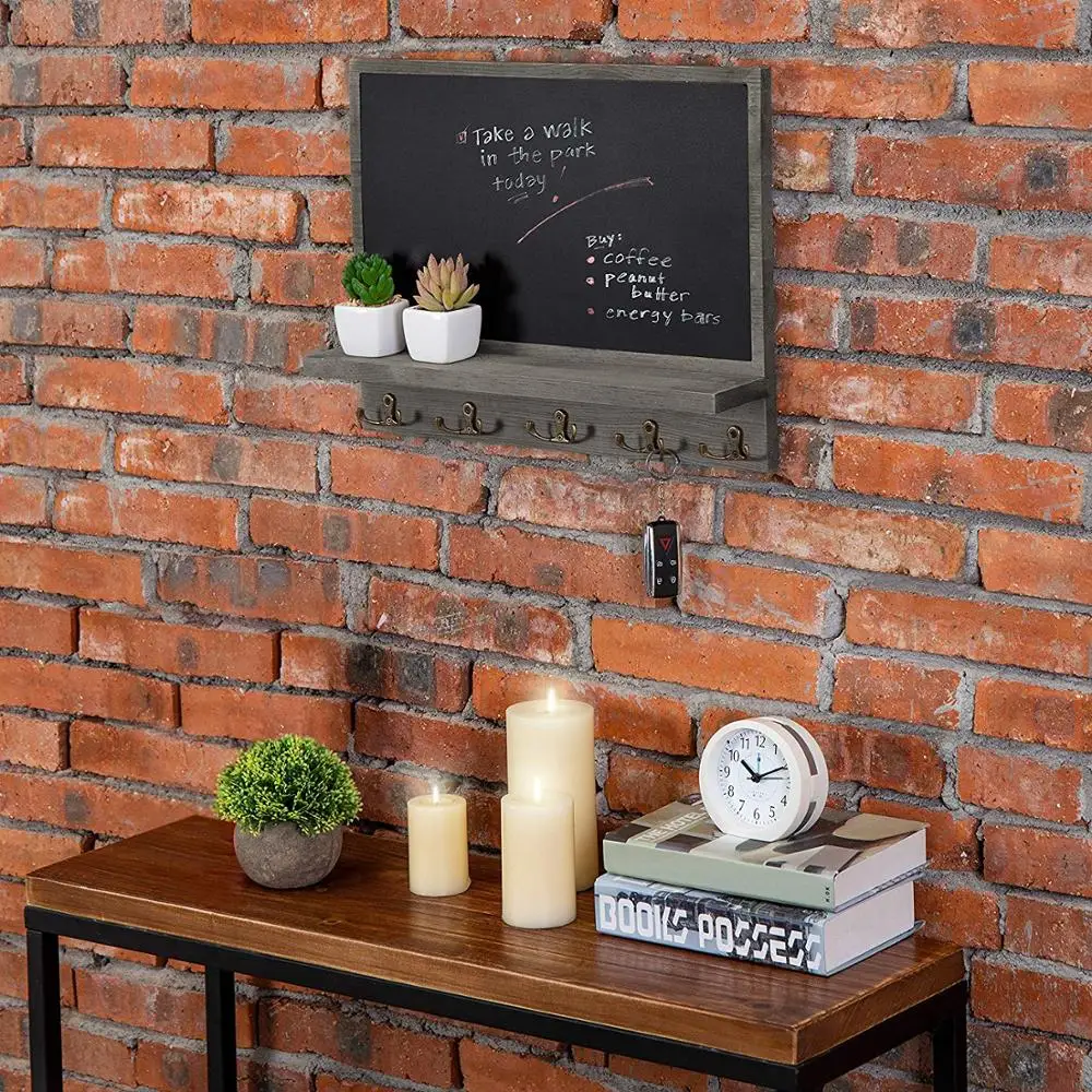 
Home Decor Rustic Style Wood Wall Mounted Chalkboard Message Board with Key Hooks 