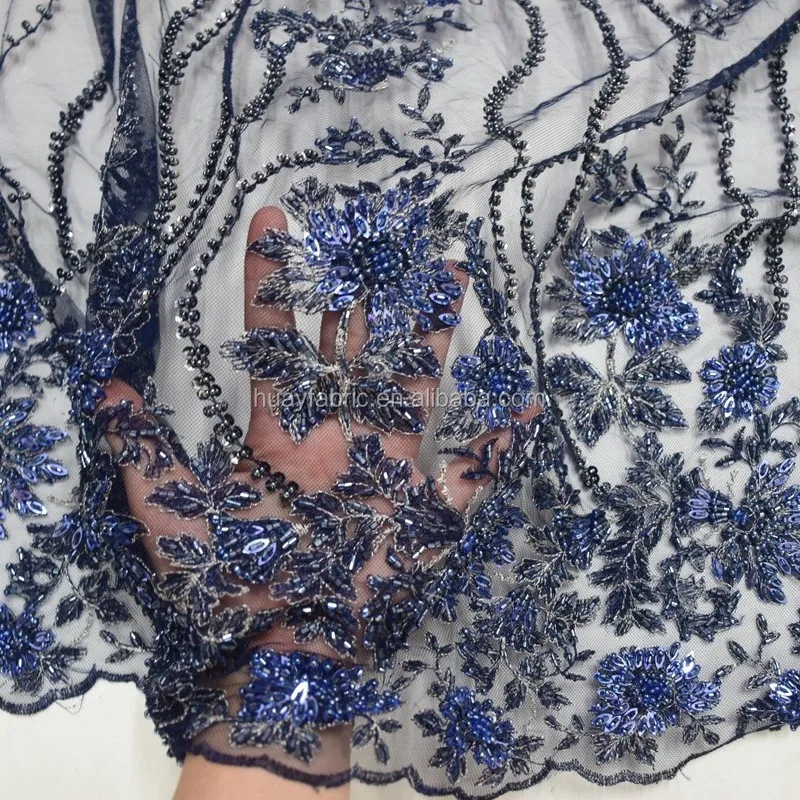 

Top-end Handmade embroidery beaded bridal lace fabric nave blue beaded bridal lace fabric FB0062