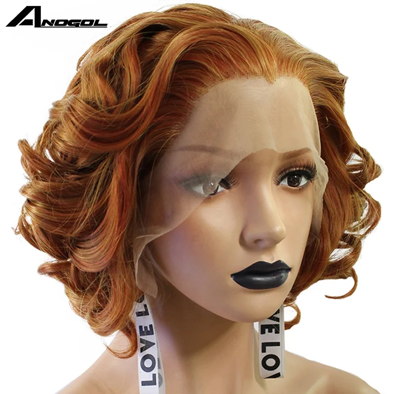 

Anogol Curly Synthetic Wigs Brown Bob Lace Front Wig