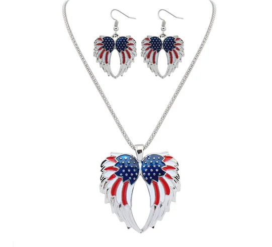 

Wing Necklace And Earring Dripping American Flag Alloy Jewelry Set, White, gold