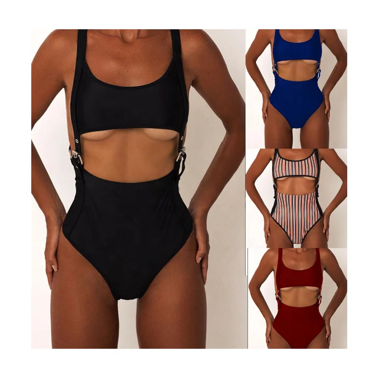 2019 new solid color rivet high waist bathing suit one piece swimsuit sexy bikini swimwear for women