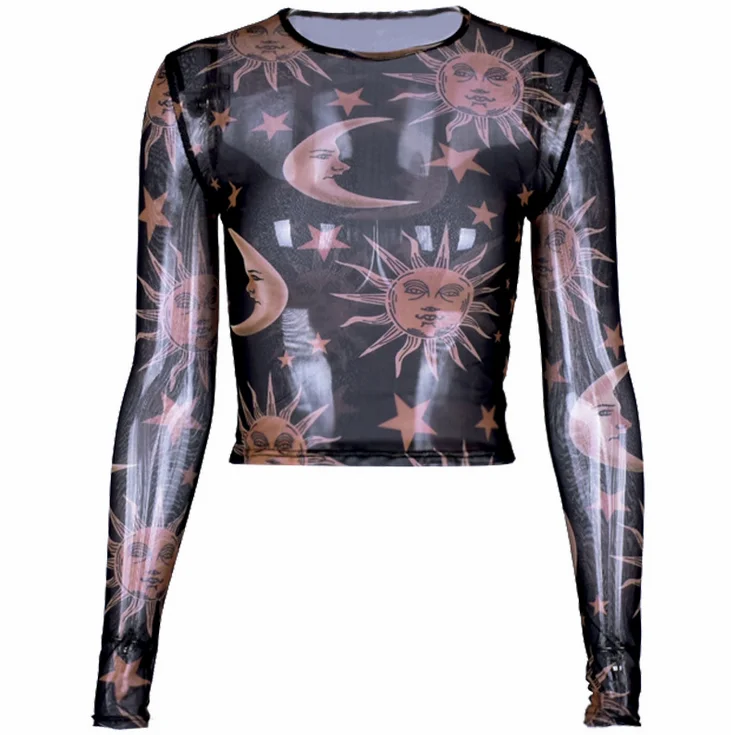 

X87943B spring printed women sexy transparent crop tops t-shirt, As picture