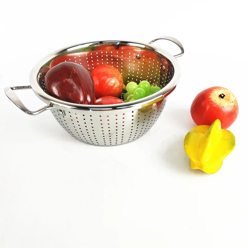

Top Sale Colander With Handle Stainless Strainer Perforated Vegetable Fruit Washing Basket, Silver