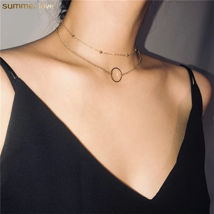 

New Fashion 2019 Gold Chain Dainty Choker Circle Pendant Charm Circle Layered Choker Necklace Jewelry for Women Girls Gifts, Silver/gold
