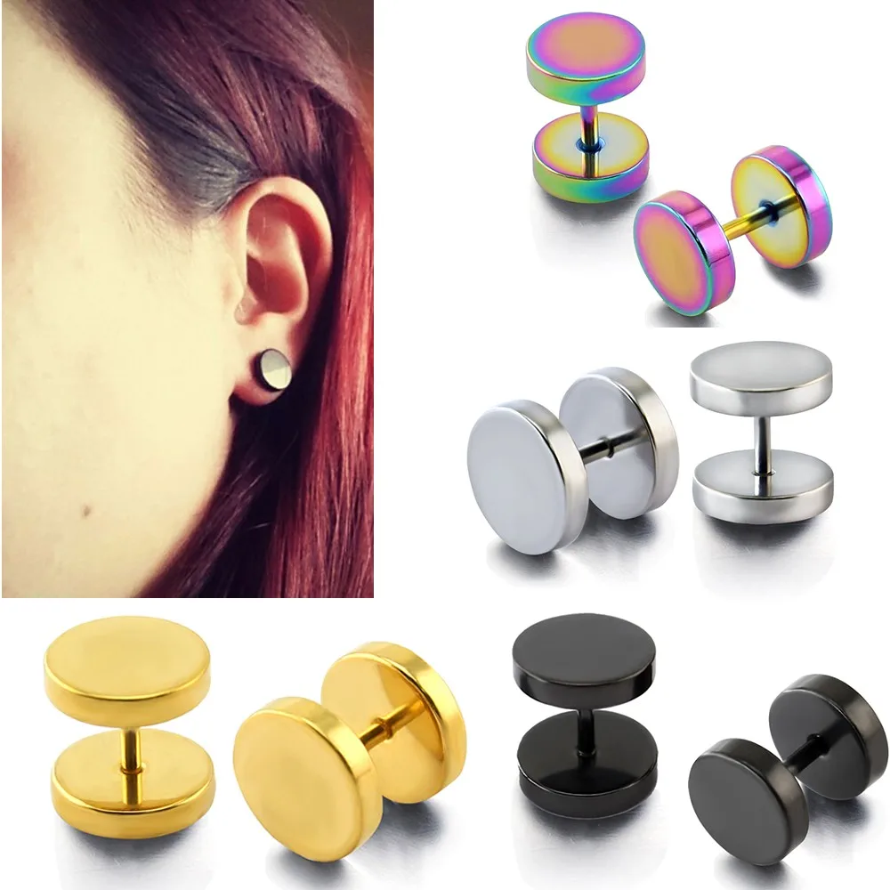 BE104 TT Black Surgical Steel Direction Sign Fake Ear Plug Earrings A Pair 