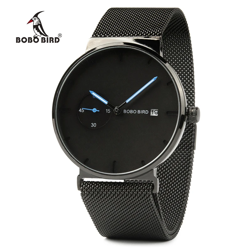 

BOBO BIRD Men Wristwatch Luxury Black Analog Timepieces Stainless Steel Mesh Strap Date Display watch