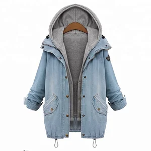 MY-218 2018 New fashion long Hoodie style demin jacket with zipper and hats wholesale fall long sleeve outwear jacket womens