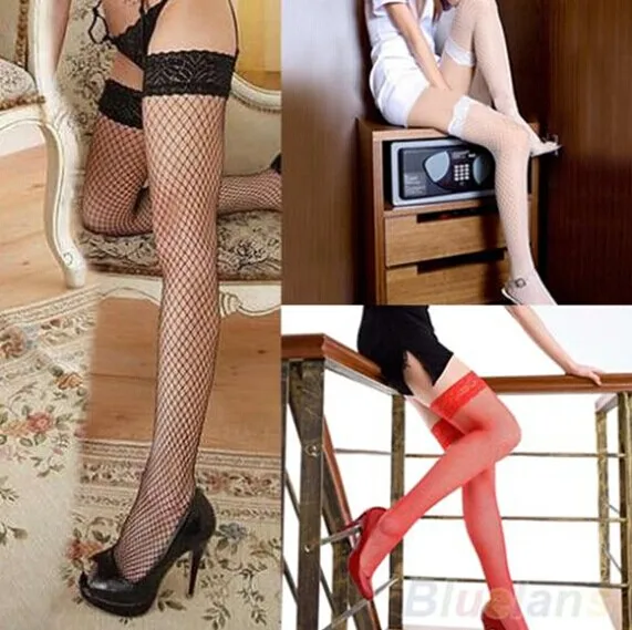 

free shipping Hot Sale Fence Net Girls Stockings Lady Sexy Sheer Lace Top Thigh High Women Mesh Fishnet Stockings, N/a