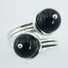 Double Black Agate Balls 925 Silver Ring Fluted Spiral Band