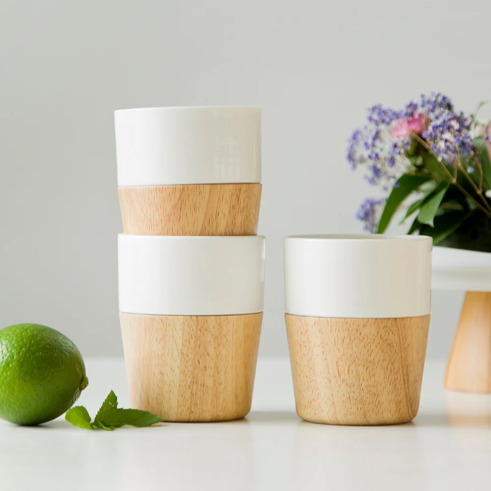 300ml Wooden Bottom Cup Porcelain Coffee Cup In White Buy 300ml