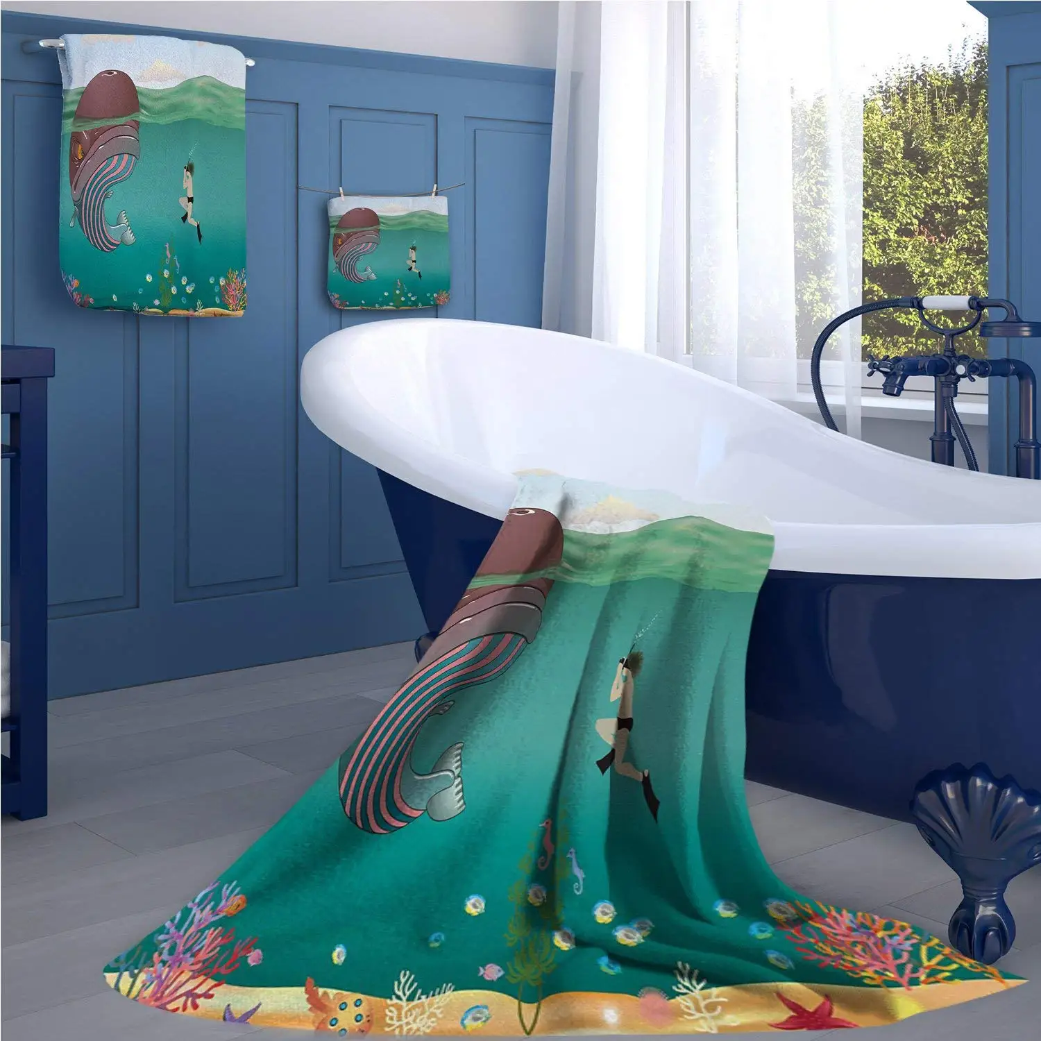 familytaste Whale Extra wide bathroom accessories Striped Huge Whale Character meet with a Diver in Ocean with Shells Cartoon Image luxury hand towels set Multi Colored