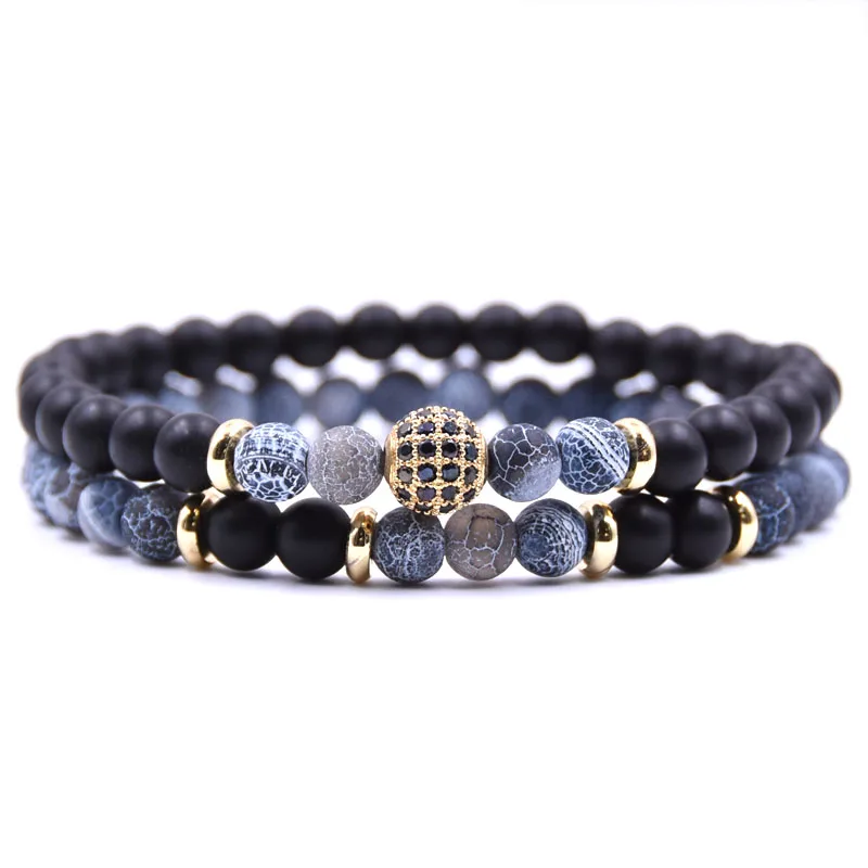 2pc/sets Natural stone Bracelet men Micro Pave CZ 8mm Disco Ball Charms Bracelets for women NS810191
