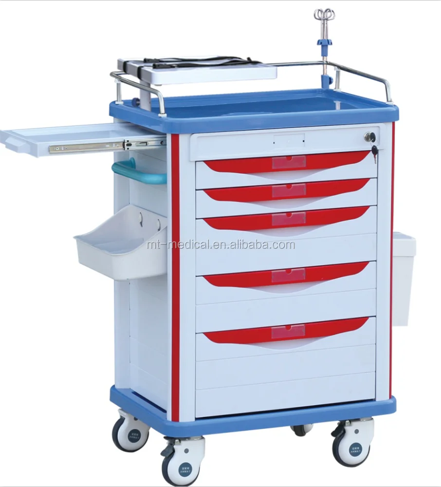 Public hospital used ABS plastic emergency mobile troelly with 5 drawers