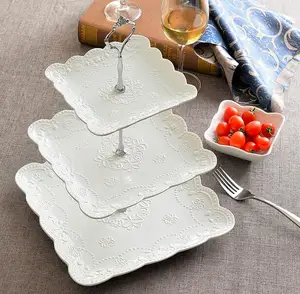 Image of 3Tiers Bone China Ceramic Cake Plates Stand Sugar Candy Dessert Tray Dishes Xmas Party Show Square Round Porcelain Fruit Plate