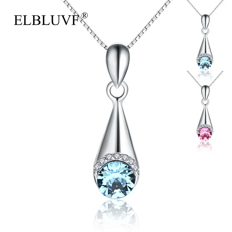 

ELBLUVF 925 Sterling Silver Europe Womens Austria Blue Zircon Waterdrops Crystal Pendant Jewellery For Christmas Gift, Blue , pink