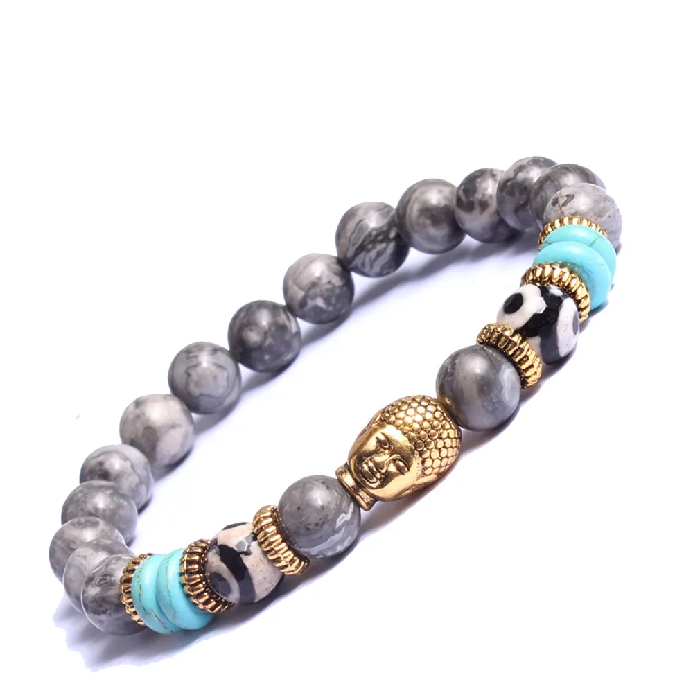 

Natural Picasso Stone Gold Buddha Head Beaded Energy Bracelet 19cm Adjustable