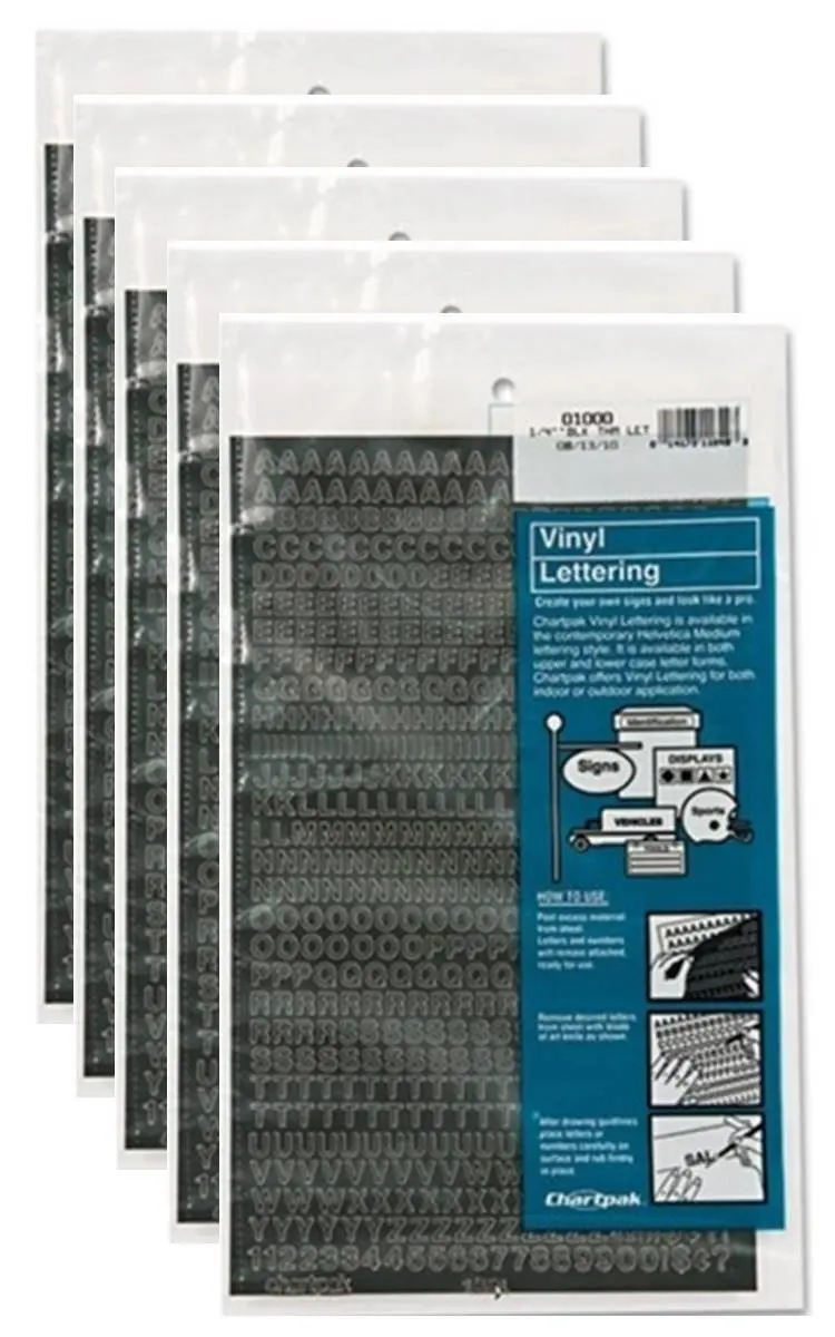 ,5 pack Chartpak 1//4-inch Silver Stick-on Vinyl Letters /& Numbers 01009