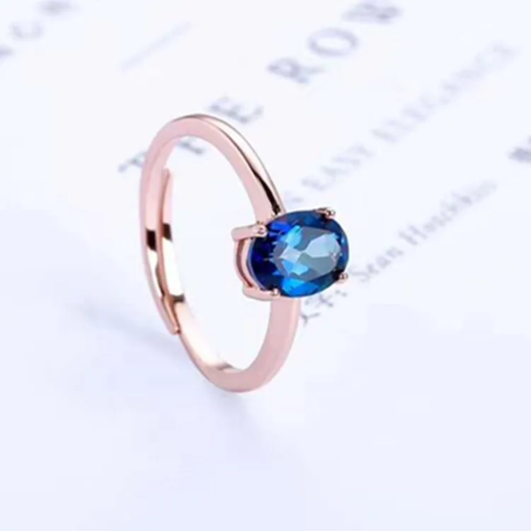 

South Korea gem jewelry wholesale 925 sterling silver 18k gold plated 6x8mm natural Swiss blue topaz adjustable ring