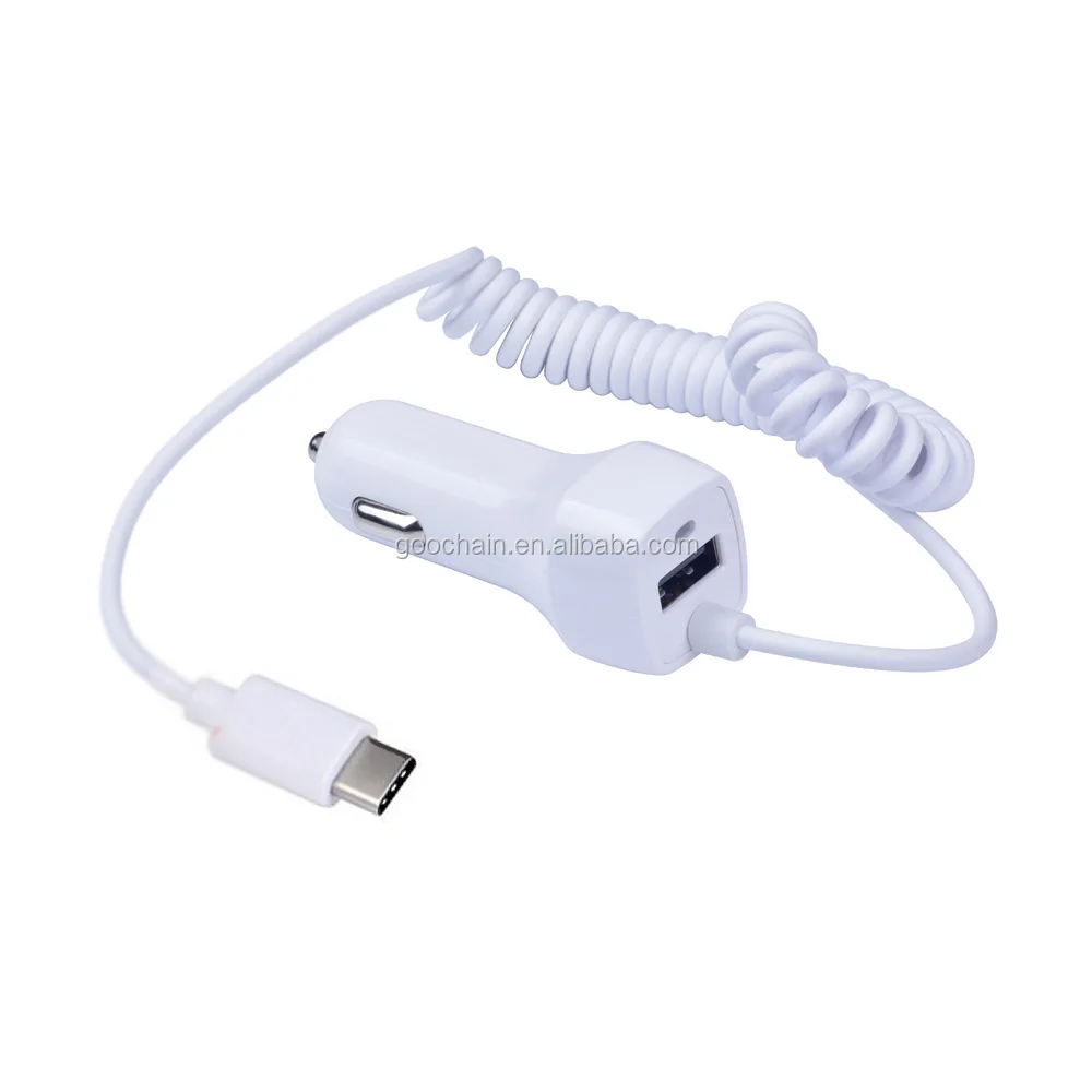 

5V 2.1A USB C Fast Car Charger With 1.5m spring Cable, White