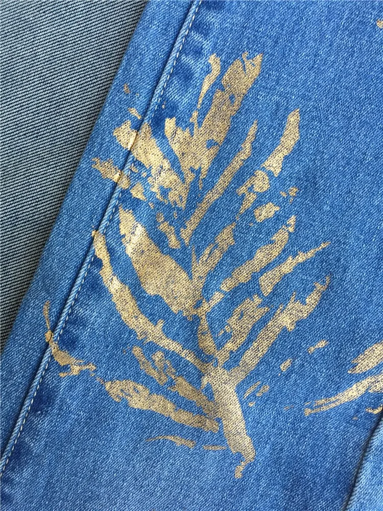 real lobo denim vestuário fábrica ouro folha impressão metálico  personalizado impresso jeans das mulheres moda jeans