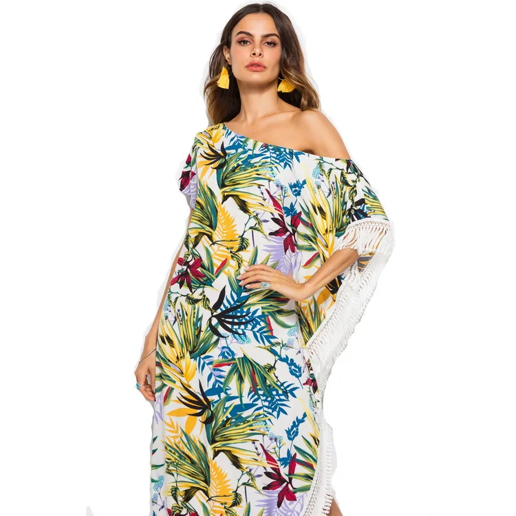 2019 Wholesale Latest Low Moq Viscose Fabric Off One Shoulder Asymmetrical Bohemian Dress Beach Wear Dress For Women