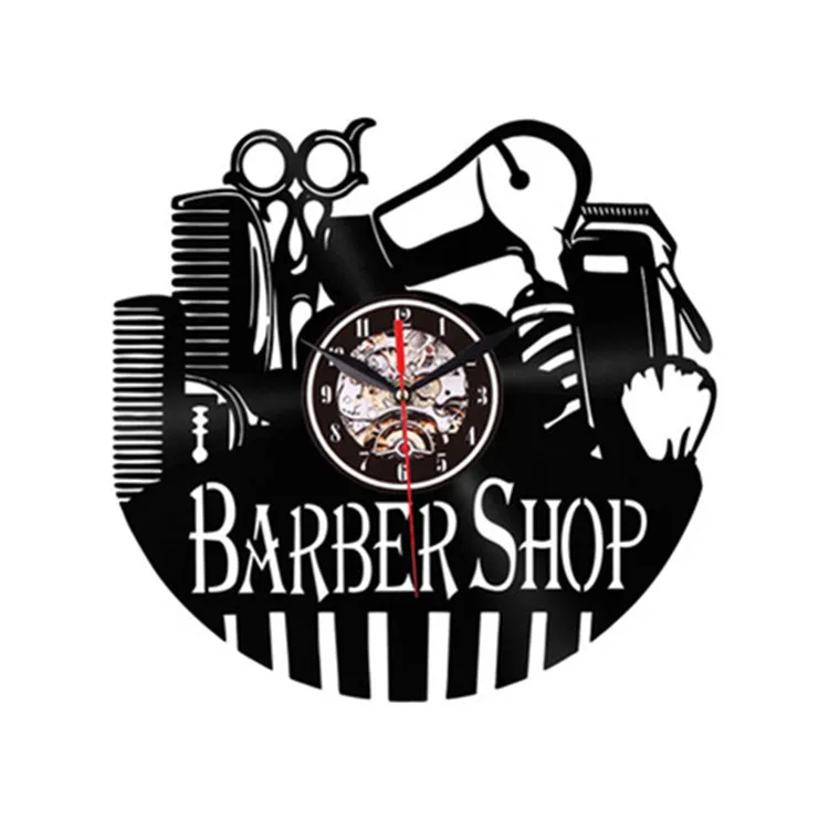 

Hairdresser Barber Shop Tool Modern Design Vinyl Wall Clock 3D Laser Etched LP Record LED Lighting Clock Home Decoration, Black