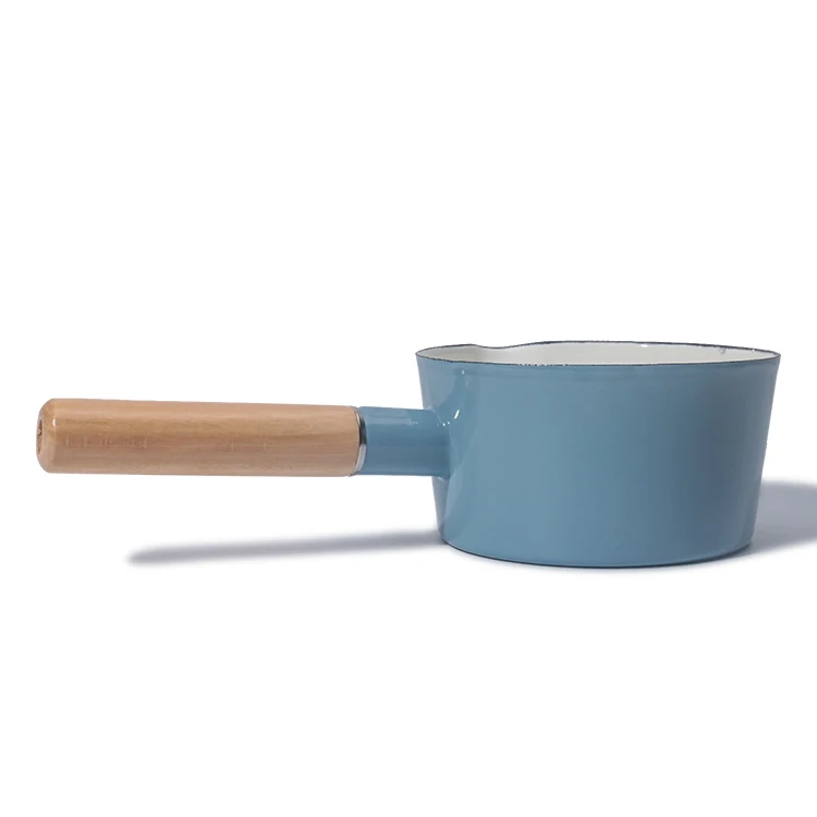 Cast Iron Carbon Steel Enamel Milk Pot With Wooden Handle For Cooking