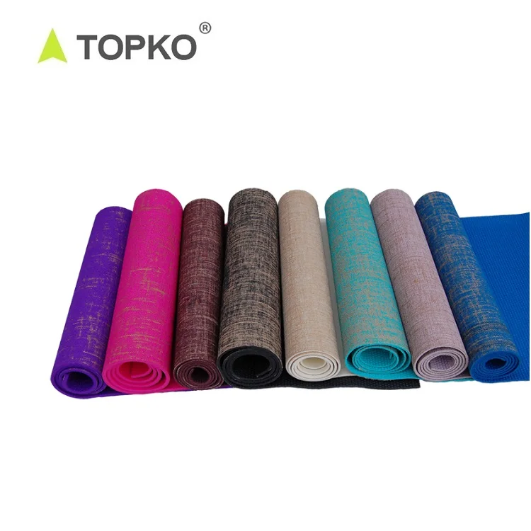 

TOPKO eco friendly anti slip recycled natural promotional oem print reasonable foldable 6mm PVC linen yoga mat, Green, blue, orange or customize