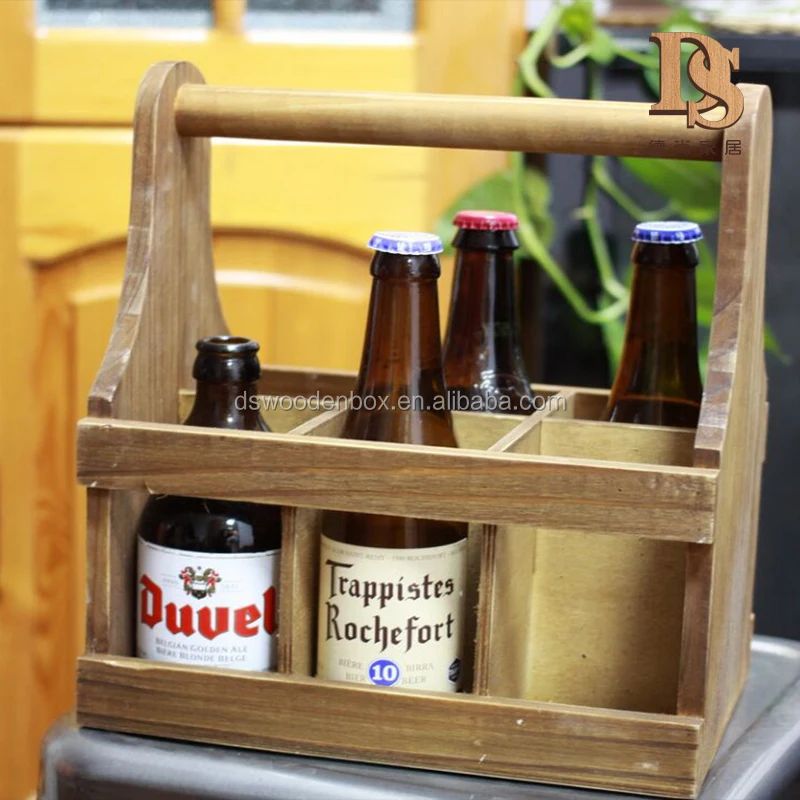 Cheap Wooden Beer Caddy Handcrafted Bottle Carrier With Opener 