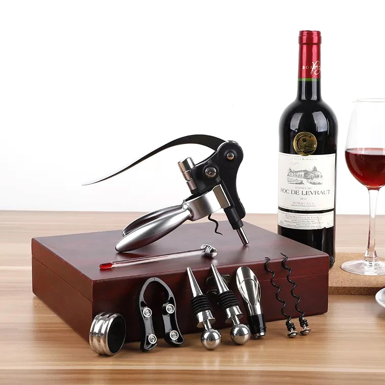 

Deluxe 9pcs Rabbit Wine Bottle Opener Vertical Lever Corkscrew Wooden Box Set For Hotel Restaurant, Black or customized