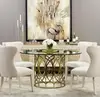 Round Tempered Glass Dining Table with Brushed Brass Hollow-carved Designed Mental Table Leg