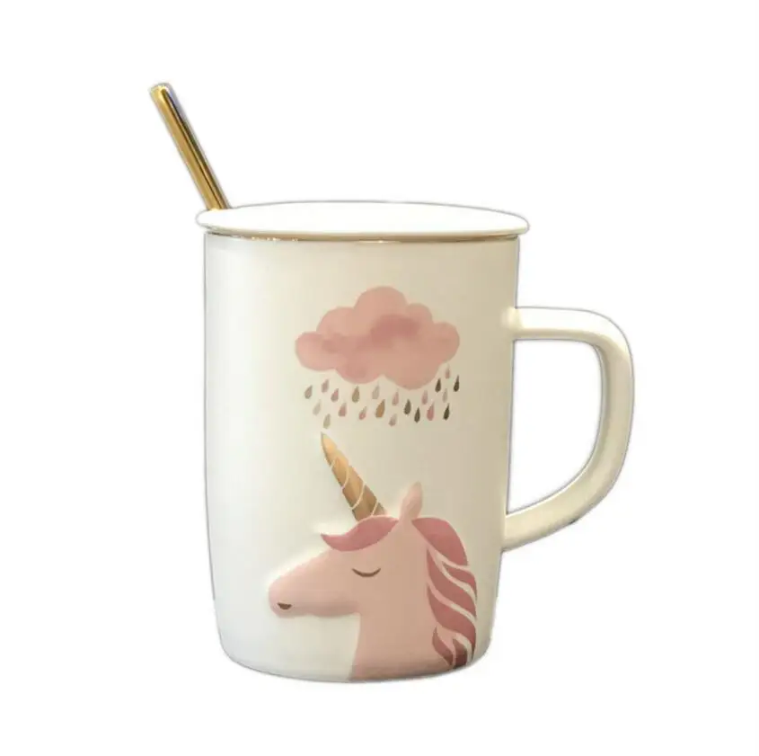 

cartoon cute unicorn with lid with spoon mark ceramic cup, Pink/blue
