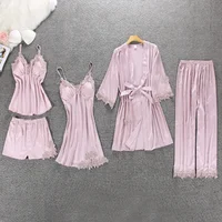 

Women Silk Night Dress Lace Satin Robe Plain Color Sexy Five Piece Pajamas Set