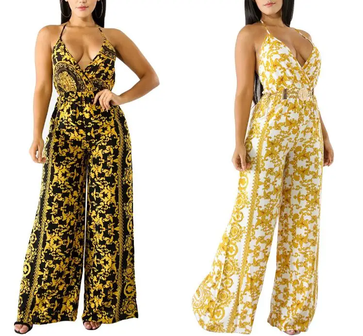 

80509-MX6 Wholesale 2 colors one piece print jumpsuit deep V neck for women