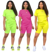

2019 Neon 2 Piece Set Women Tracksuit Festival Clothing Crop Top and Biker Shorts Sexy Club Outfits Two Piece Matching Sets